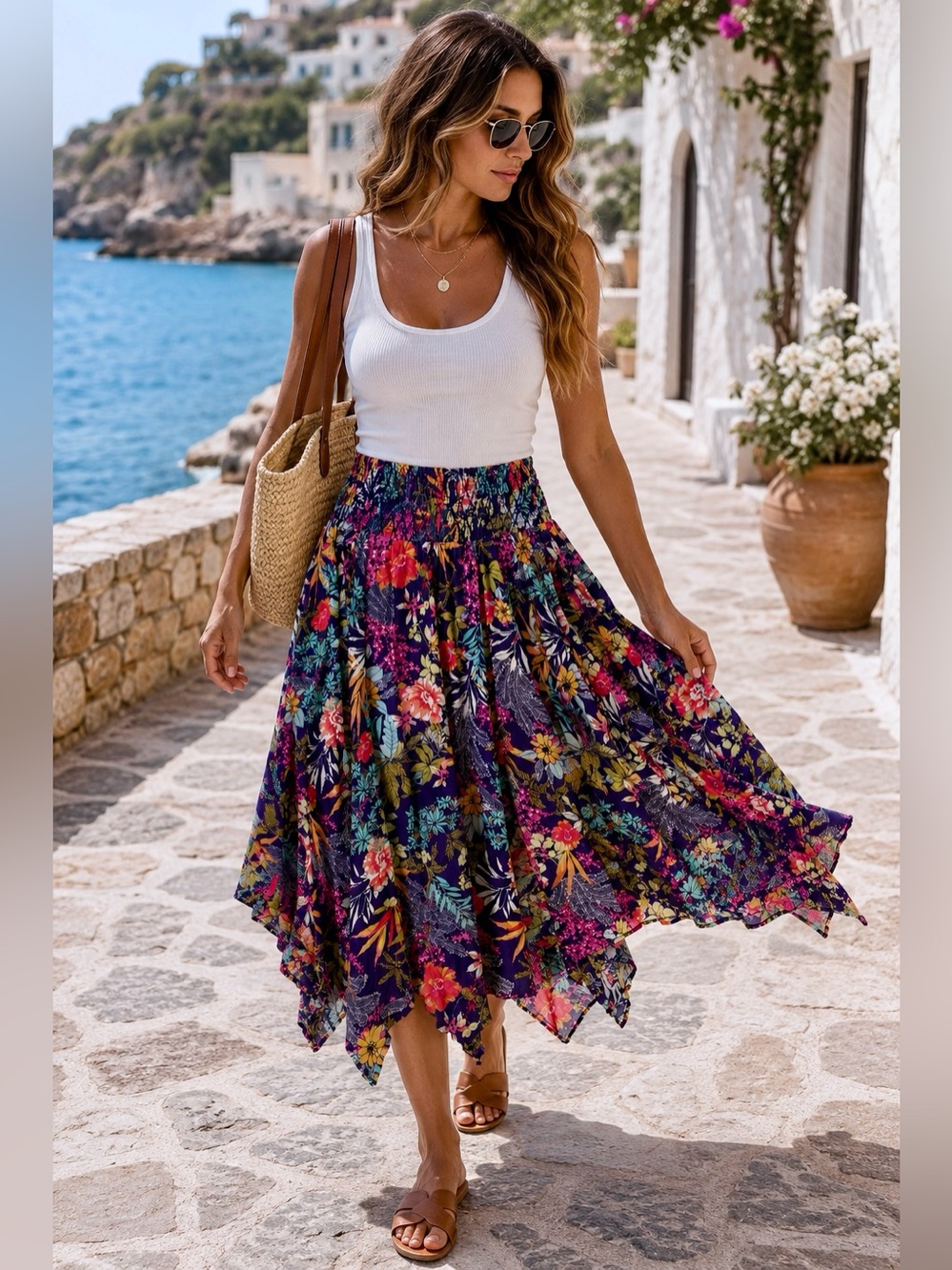Free People Purple Floral Handkerchief Hem Smocked Asymmetrical Cotton Skirt M - Picture 7 of 17